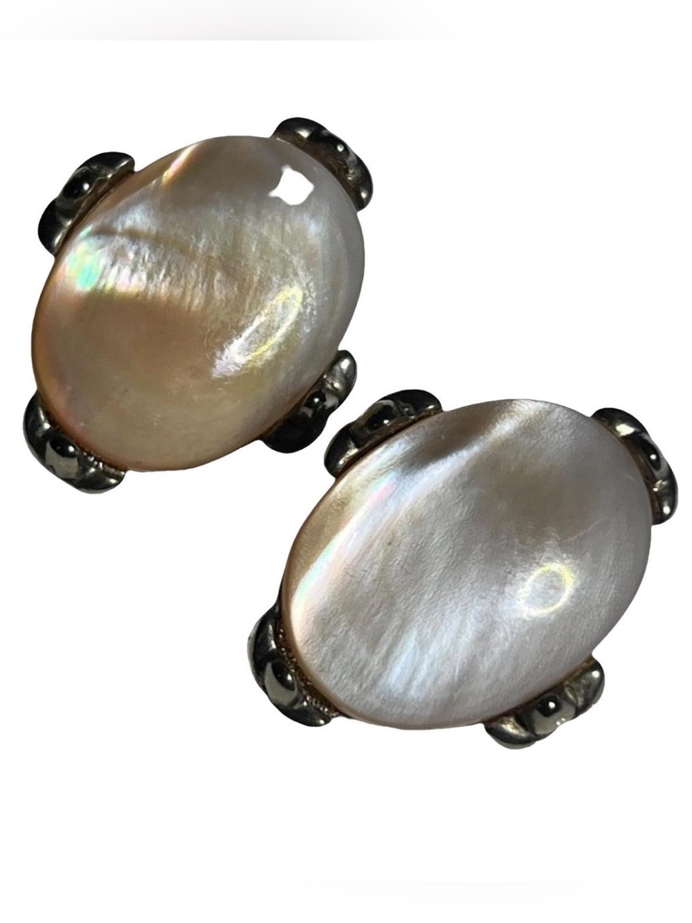 Vintage Oscar de la Renta Abalone Mother of Pearl Silver Tone Clip On Earrings